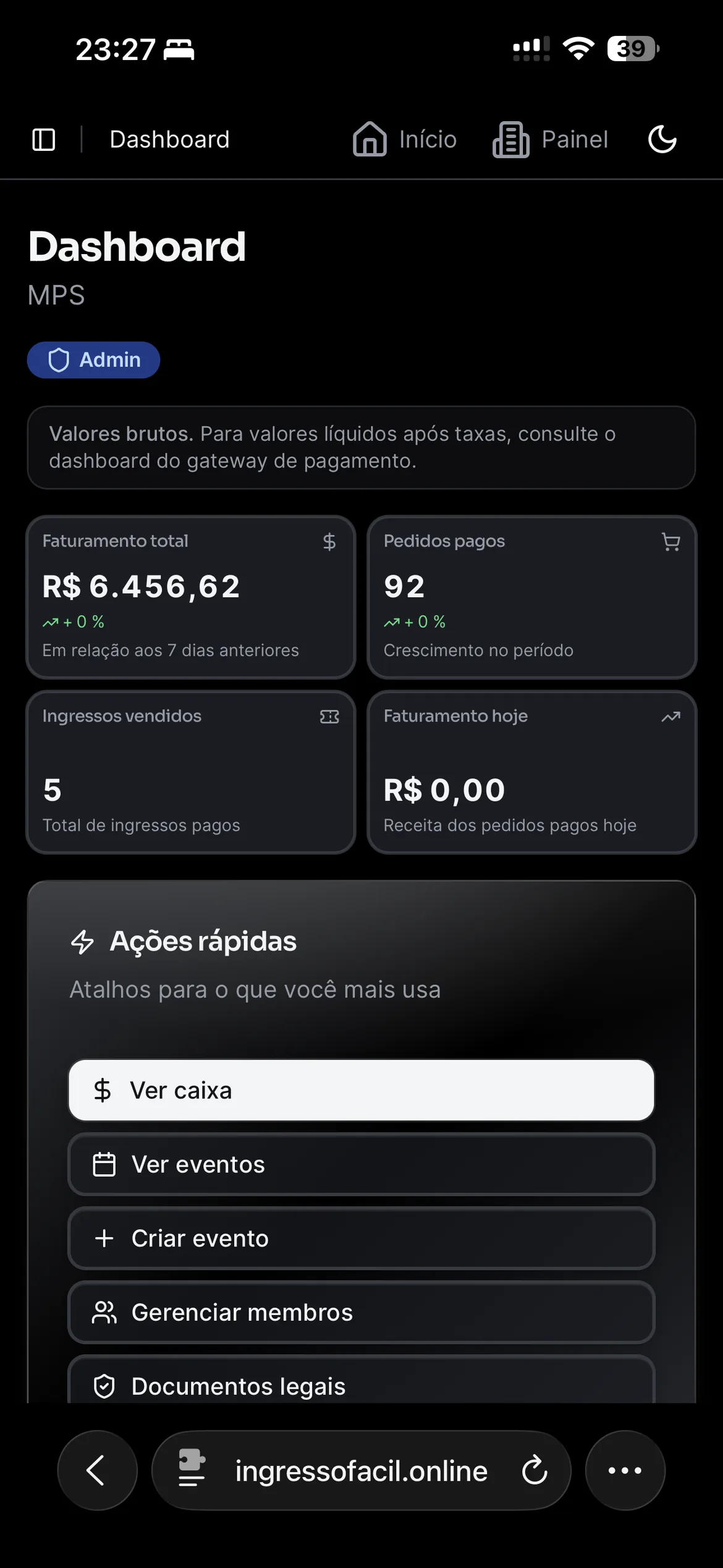 Dashboard admin no iPhone